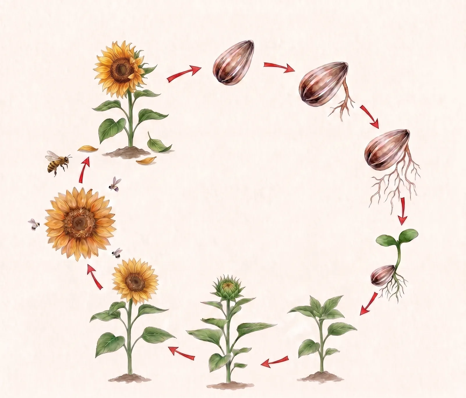 Nine stages of a sunflower arranged as a continuous natural cycle.
